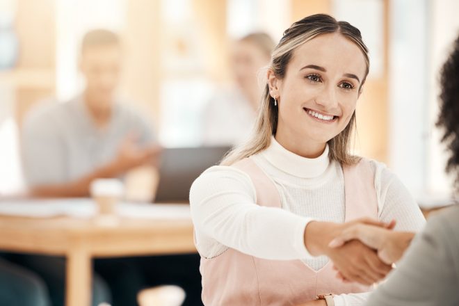 Business women, handshake and hiring, hr and meeting for contract or agreement of partnership, coll