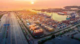 multiple supply chain truck train and cargo ship working service shipping